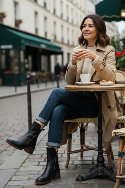 Valorine™ | Bota de piel negra con tacón cómodo, elegante y atemporal