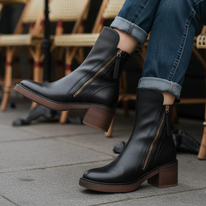 Valorine™ | Bota de piel negra con tacón cómodo, elegante y atemporal